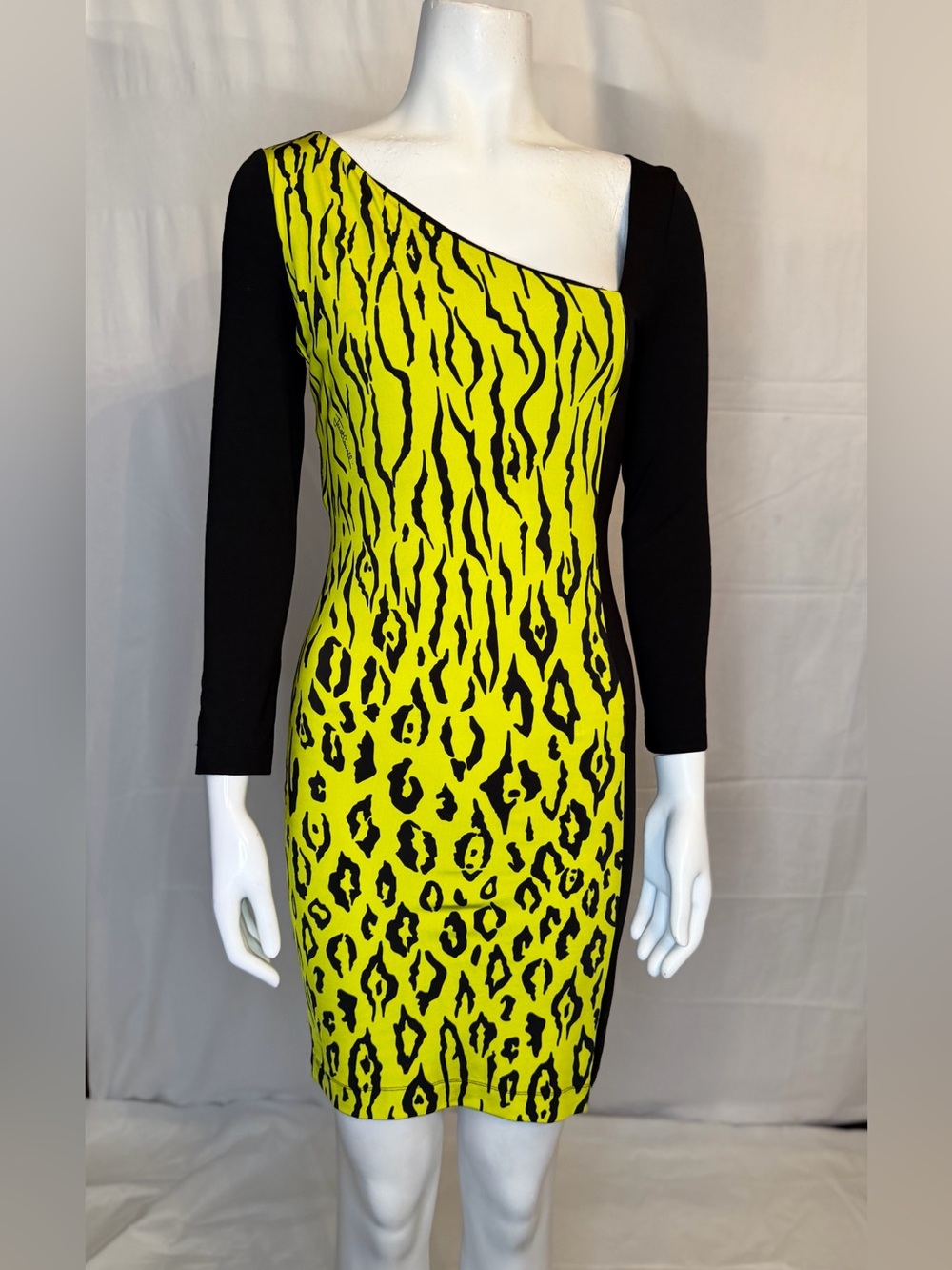 Just Cavalli Neon Yellow & Black One-Shoulder Animal Print Dress